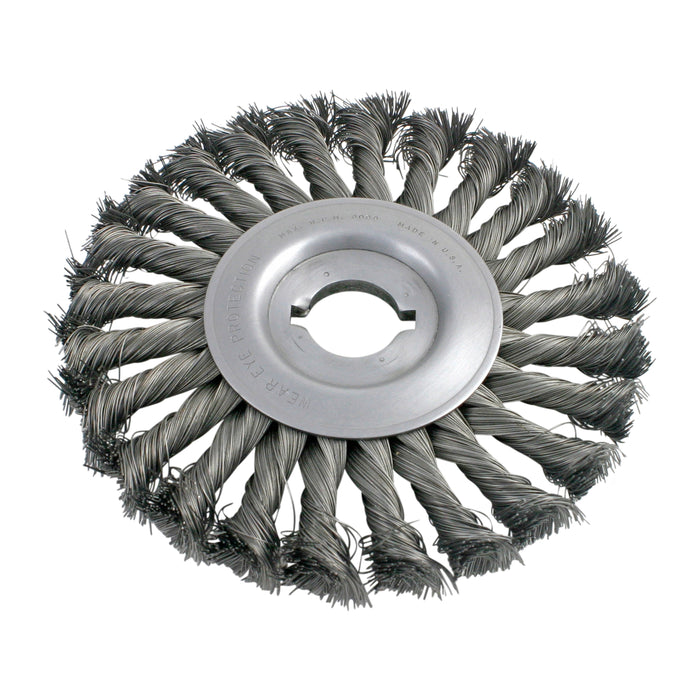 BRM B462, 6" Diameter Knotted Wheel Brush, .016 Carbon Steel, 1" Arbor Hole With Keyway