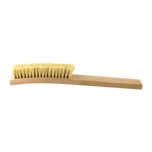 A curved handle scratch brush with Tampico filaments and a wooden handle.